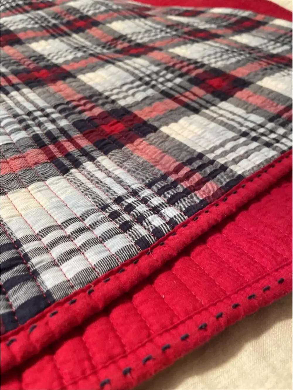 Pottery Barn Kids Plaid Quilt – 36” x 51” Red, White & Blue Reversible EUC